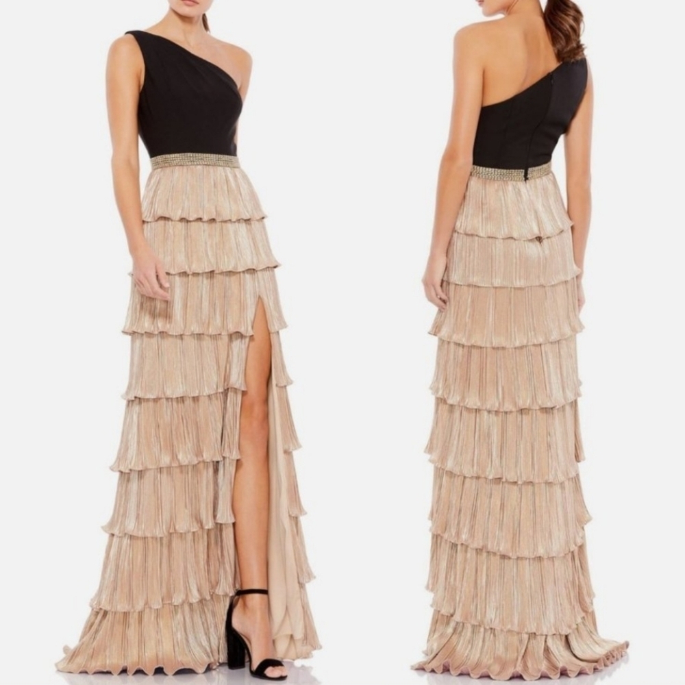Mac Duggal Ieena 26541 One Shoulder Layered Metallic Ruffle Gown Black
